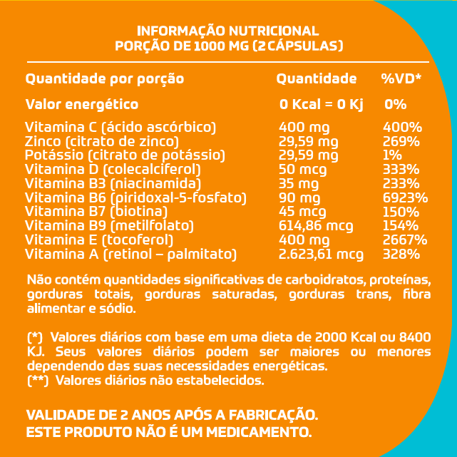 Tabela de informação nutricional do Total Immune — porção de 1000 mg por 2 cápsulas, vitaminas C, A, E, D3, complexo B e zinco